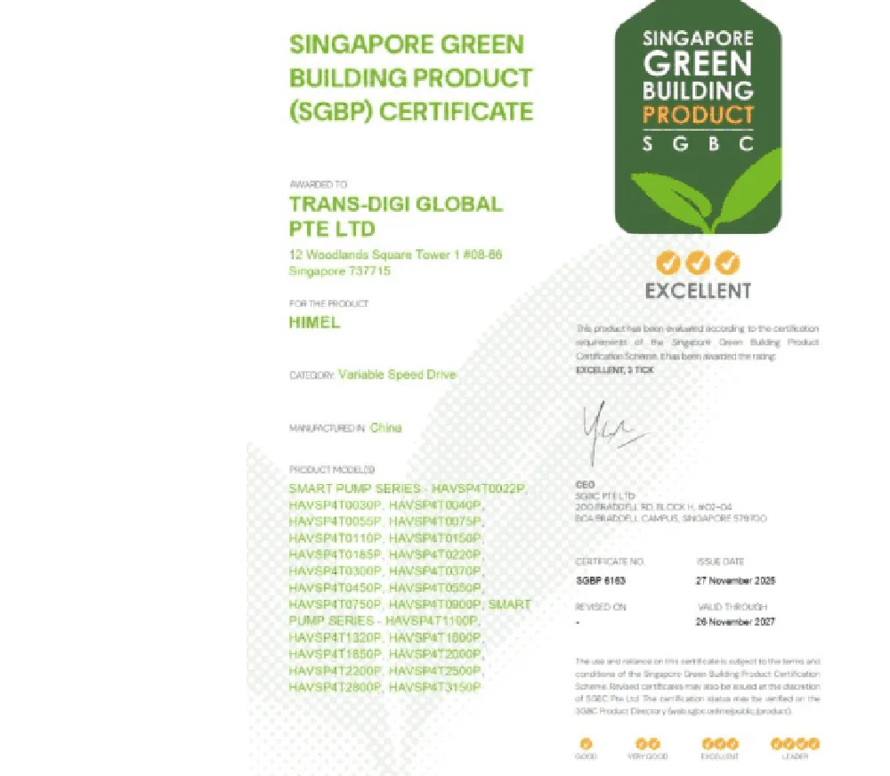 Singapore Green Building Product (SGBP) Certificate — EXCELLENT rating, Himel Variable Speed Drives, awarded to Trans-Digi Global Pte Ltd