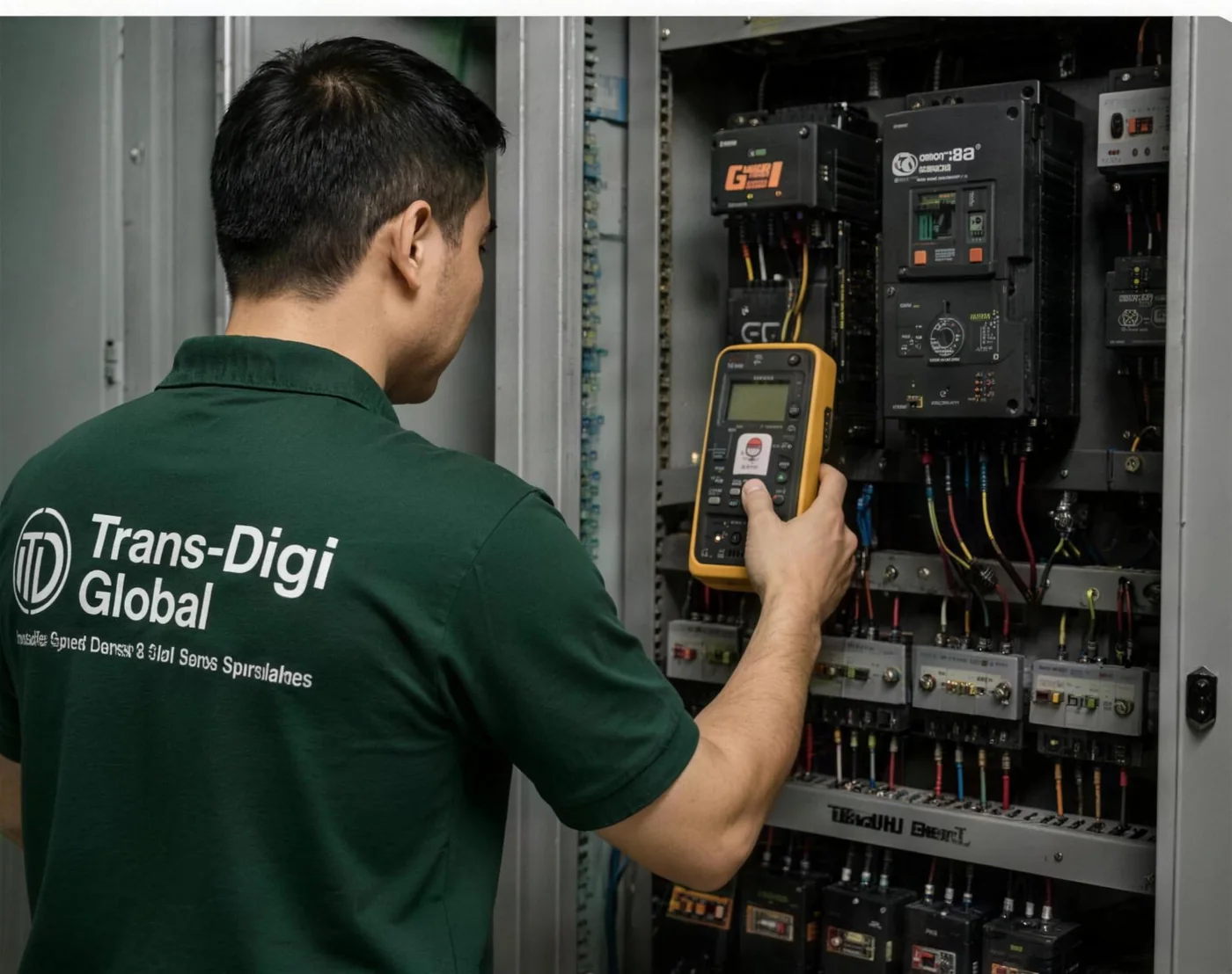Trans-Digi Global engineer installing a variable speed drive in a control panel in Singapore